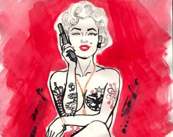 Kunstdruck + temporary tattoos sexy Marylin Monroe Mafia Burlesque mit Gun Pistole kunst Tattoo nude nakt pin-up art gemalt von Sara Horwath