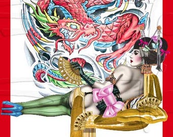 Geisha dragon burlesque pinup Kunstdruck aufwendige Zeichnung Illustration Malerei von Sara Horwath _110