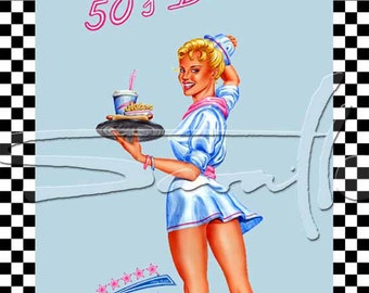 Retro Kunstdruck Dinergirl Mädchen auf Rollschuhen 50th Diner Küche Burlesque aufwendige Zeichnung Illustration Malerei Gemälde Sara Horwath