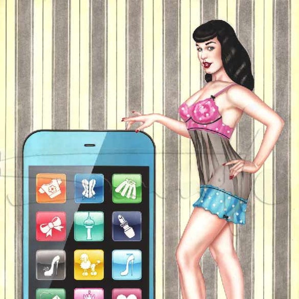 fine art print high quality Bettie Betty Page with smartphone fun aps touchscreen icons apps in pinup burlesque style painted bySara Horwath