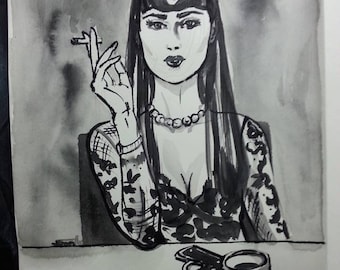 Mädchen im Café mit Gun Pistole Mafia Diner Restaurant pin-up gemalt von Sara Horwath Kunstdruck glossy pinup Burlesque kunst _Q221