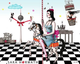 Berlin Alexanderplatz pin-up Weltzeituhr Fernsehturm gemalt von Sara Horwath feine Details Kunstdruck glossy pinup Burlesque kunst _093