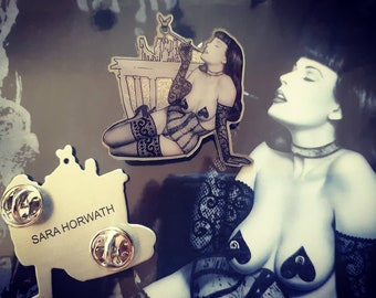 Fine Art Print + Emaille pin with smoking woman lady relaxing cigar Dita von Teese pin-up pin up pinup burlesque painted by Sara Horwath