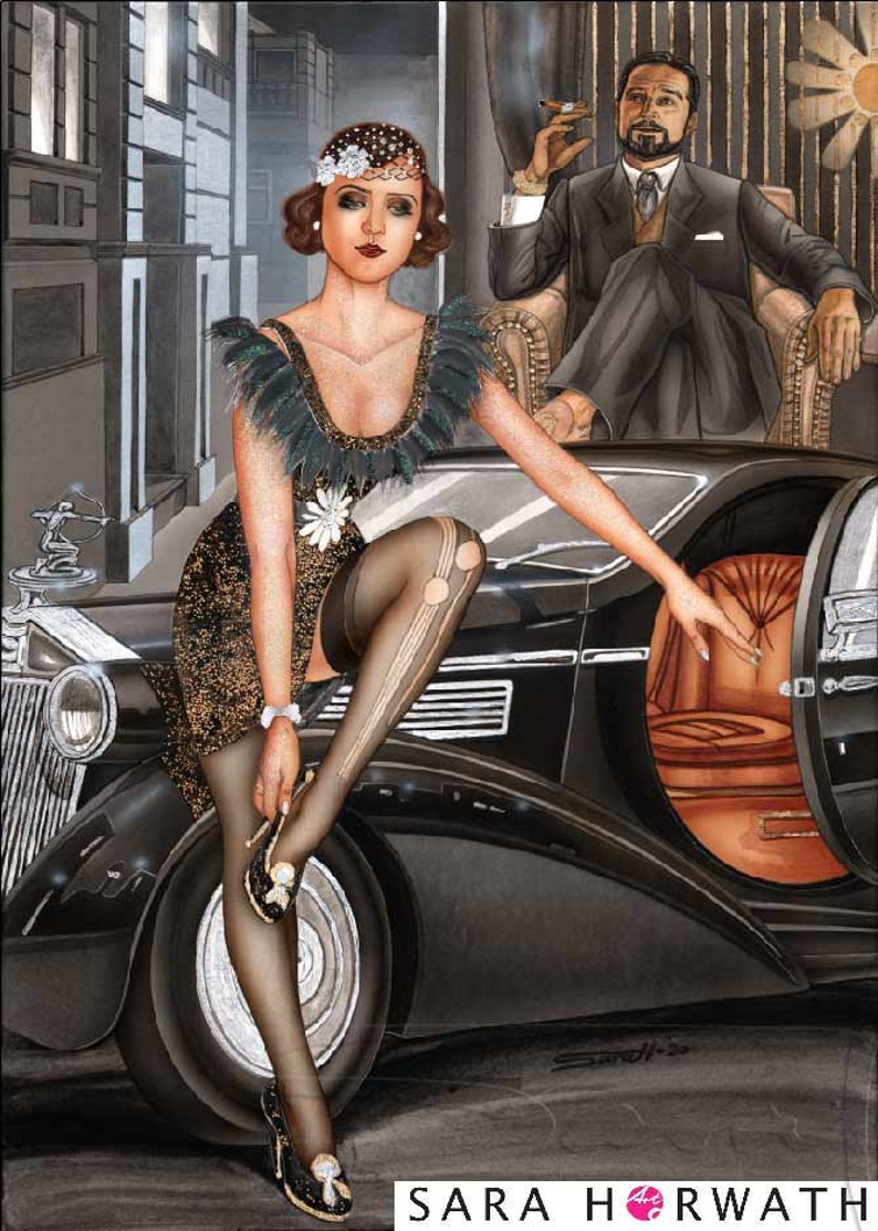 Fine Art print Babylon Berlin 20er classic car RollsRoyce Burlesque fine art print highest finest Illustration painting by Sara Horwath _123 image 1