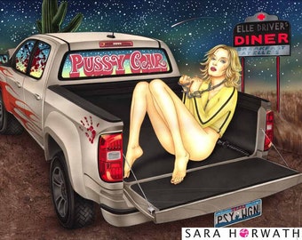 Pussycar Uma Thurman Kill Bill Chevrolet hot Kunstdruck aufwendige Zeichnung Illustration Malerei Gemälde von Sara Horwath _058