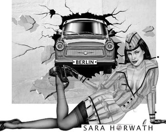 Trabi Girl Mädchen DDR GDR Militär girl vor Trabant Kunstdruck aufwendige Zeichnung Illustration Malerei Gemälde von Sara Horwath _069