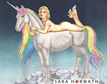 Einhorn unicorn Marylin Monroe pin-up gemalt von Sara Horwath feine Details Kunstdruck glossy pinup Burlesque kunst _113