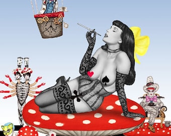 Alice in wonderland wunderland Burlesque pinup Kunstdruck aufwendige Zeichnung Illustration Malerei Gemälde von Sara Horwath _096