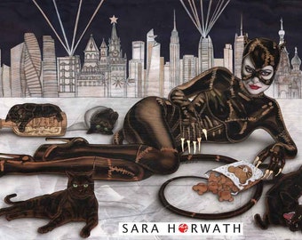 Catwoman Skyline mit Katzen New York Shanghai Sydney Moskau Kunstdruck aufwendige Zeichnung Illustration Malerei Gemälde Sara Horwath _121