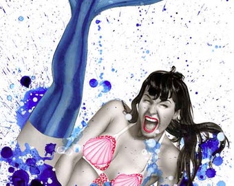 Kunstdruck Betty Page Bettie water plantsch fun Wasser Pinup Burlesque aufwendige Zeichnung Illustration Malerei Gemälde Sara Horwath _040