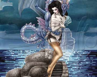 Waterdragon with princess handpainted as fine art print glossy burlesque pinup by worlds greatest living pinup artist Sara Horwath _099