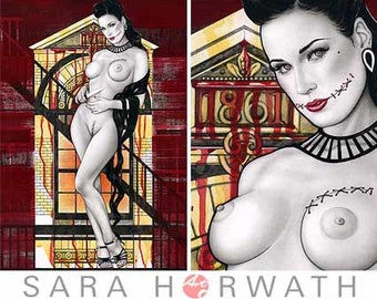 Blackdaliha Daliha horrorhouse Messer Pin-up Burlesque Dita Kunstdruck aufwendige Zeichnung Illustration Malerei Gemälde Sara Horwath _042