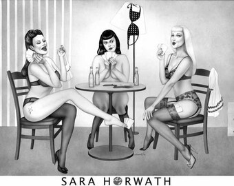 Strippoker Pokergirls Pokermädchen spielen Karten Poker Kunstdruck aufwendige Zeichnung Illustration Malerei Gemälde von Sara Horwath _073