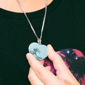 Personalized Heart Pendant Necklace with custom engraved art Japanese Wave