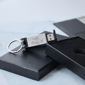 Personalized Black Leather USB thumb drive with custom engraving of handwriting