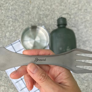 Personalised 3-in-1 outdoor titanium spork with custom quote and name engraving image 2