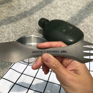 Personalised 3-in-1 outdoor titanium spork with custom quote and name engraving image 3