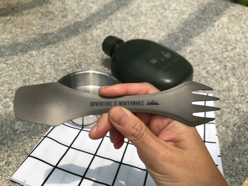 Personalised 3-in-1 outdoor titanium spork with custom quote and name engraving image 3