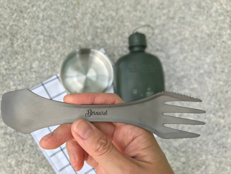 Personalised 3-in-1 outdoor titanium spork with custom quote and name engraving image 2