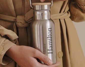 Personalized Thermal Stainless Steel Water Bottle with Bamboo Lid for Coffee Lovers, Perfect for Warm or Hot Beverage Drinks, Eco Friendly