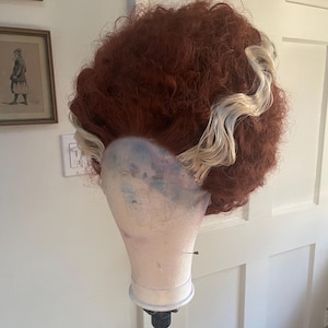 May include: A curly, shoulder-length wig with a voluminous, deep auburn base color and a prominent, wavy white streak running through the front section. The wig is styled on a beige mannequin head, featuring a sheer lace front cap construction.