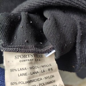 May include: Close-up of a dark gray knit fabric with a ribbed texture. A tag is attached, displaying text in multiple languages, including "SPORTSWEAR COMPANY S.P.A." and fabric composition details: 50% wool and 50% nylon.