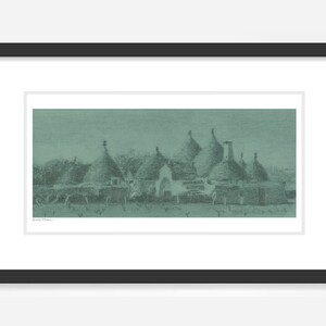 May include: A black and white pencil drawing of a row of traditional trulli houses in a rural setting. The houses have conical roofs and are surrounded by trees and a fence. The drawing is done in a realistic style and captures the beauty of the trulli architecture.