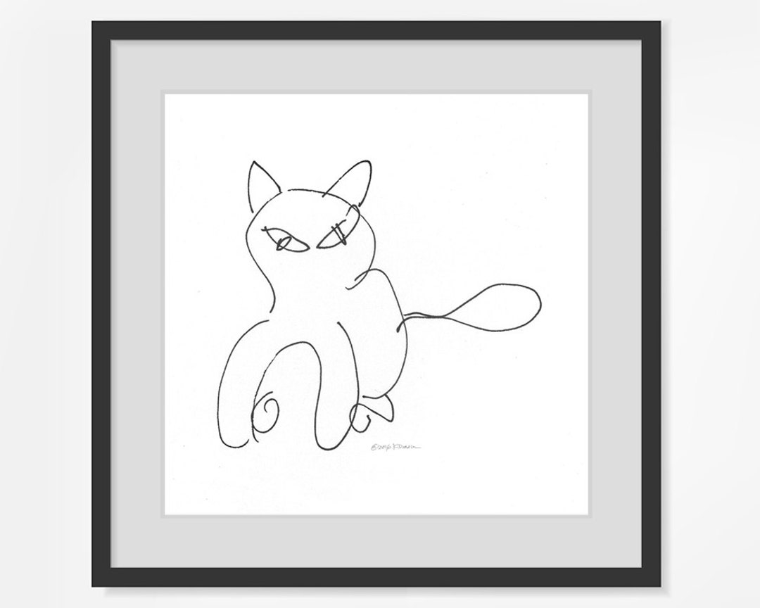 Wall Art Print Cat Black and White Minimalist Ink Gift Giclee Decor ...