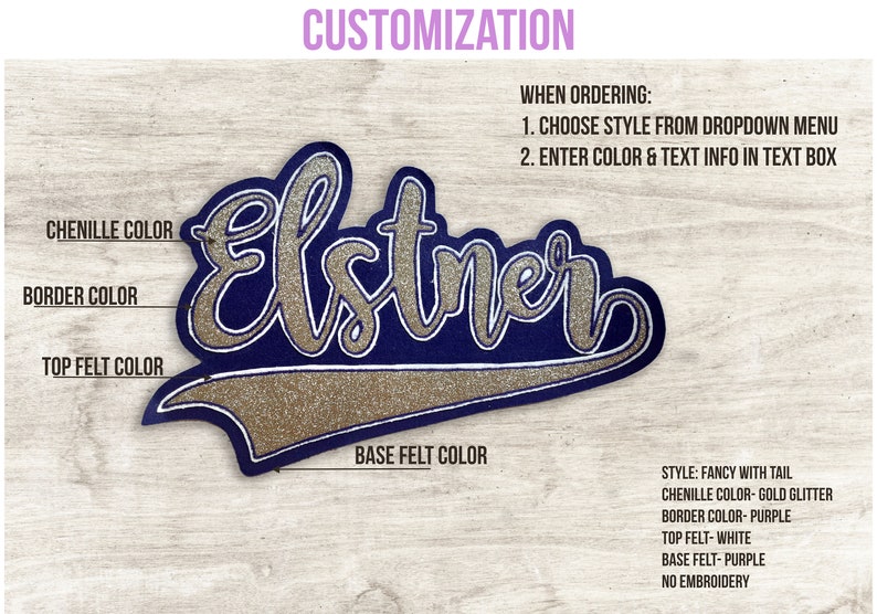May include: Customizable patch with the name "Elstner" in gold glitter chenille on a navy blue background. The patch has a white top felt, purple border and base felt, and a fancy tail design. Instructions for ordering are included.