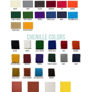 May include: A color chart displaying felt and chenille colors, including white, grey, black, maroon, red, orange, and various shades of green, blue, purple, and gold. Also shown are samples of basketball, football, white, and softball leather.