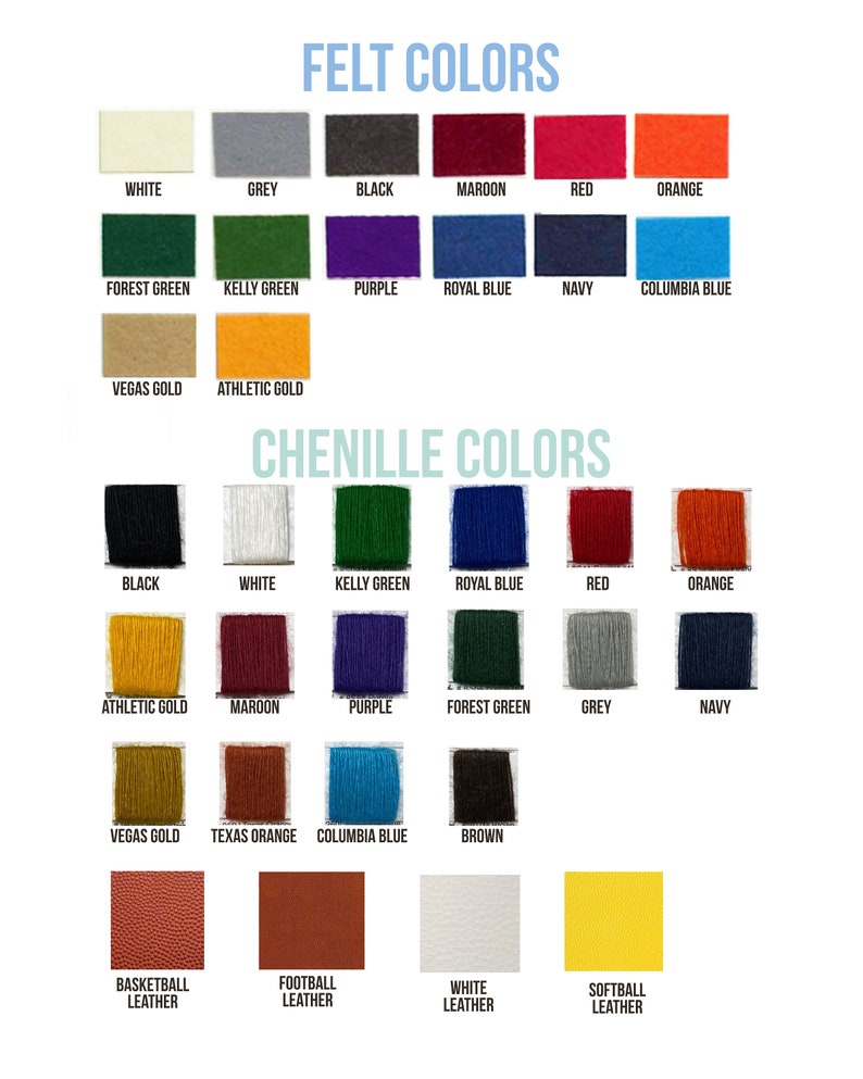 May include: A color chart displaying felt and chenille colors, including white, grey, black, maroon, red, orange, and various shades of green, blue, purple, and gold. Also shown are samples of basketball, football, white, and softball leather.
