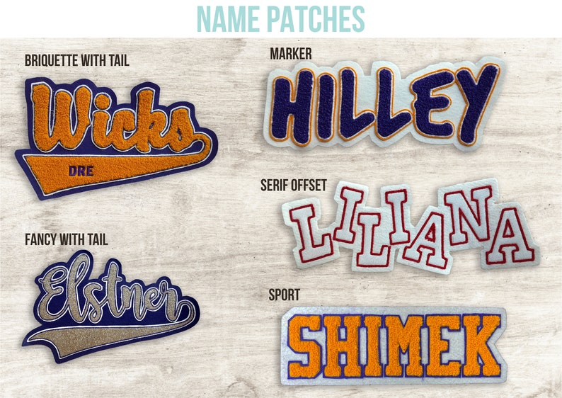 May include: Image of various name patches in different styles. The patches feature names like "Wicks", "Hilley", "Liliana", and "Shimek" in various fonts and colors, including orange, blue, and white. The text "Name Patches" is at the top.