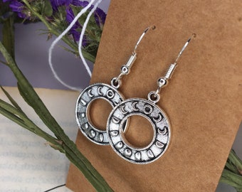Moon phase earrings hoops hooks silver plated hippy lunar phases circle astrology astrological planets full moon crescent moon sister friend