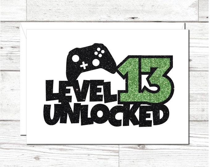 Level Unlocked Card, Level Up Card, Numbered birthday Card, Video Game Lover, Gamer Birthday Card, Controller Card, Joystick, Glittery Card