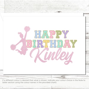 Cheerleader Birthday Card with Name – Glitter Option – Pastel Chenille Letters – Custom Pom Pom Girl Card – Teen Girl Birthday