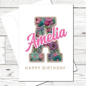 Personalized Floral Initial Birthday Card, Custom Name Letter Card for Girl
