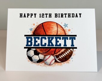 Personalized Sports Birthday Card | Custom Name & Age | Basketball • Football • Baseball • Soccer