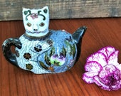 Chinese Tea Pot Cloisonni Cat Enameled Metal Brass Vintage Colletible