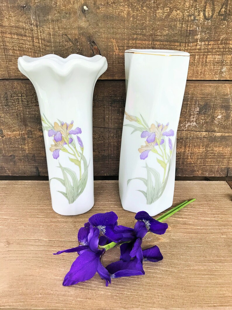 Iris Flower Vases Set of 2 Purple Blue Porcelain Made Etsy