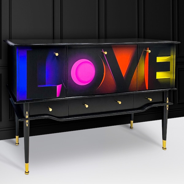 Upcycled Vintage Sideboard, Colorful LOVE Design, Retro TV Unit