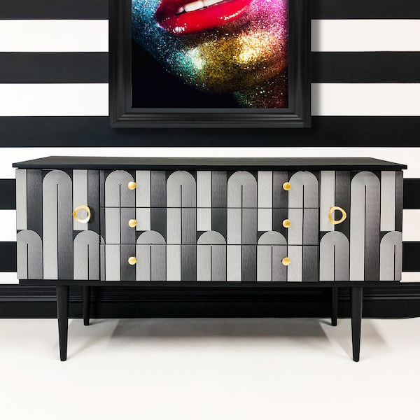 Upcycled retro sideboard, vintage TV unit, painted cabinet, upcycled drinks cabinet, mid century chest of drawers, retro cupboard, decoupage