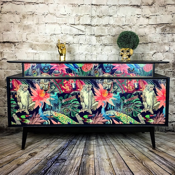 Upcycled Retro sideboard, Upcycled Furniture, Vintage Furniture, Vintage Sideboard, Painted Sideboard, TV stand, Tropical Print, TV unit