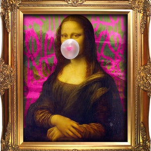 Mona Lisa Print with Bubblegum, Funny Graffiti Art, Urban Art, Handmade Wall Art, Street Art, Funny Christmas gift, Funny gift