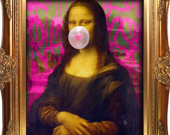 Mona Lisa Print avec Bubblegum, Funny Graffiti Art, Urban Art, Handmade Wall Art, Street Art, Funny Mothers day gift, Funny gift