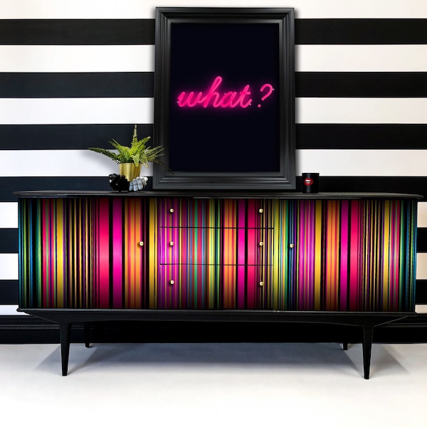 Vintage Upcycled Sideboard, Hallway cupboard, Painted Sideboard, Retro sideboard, Neon stripes, Colourful sideboard, TV unit, Teak sideboard