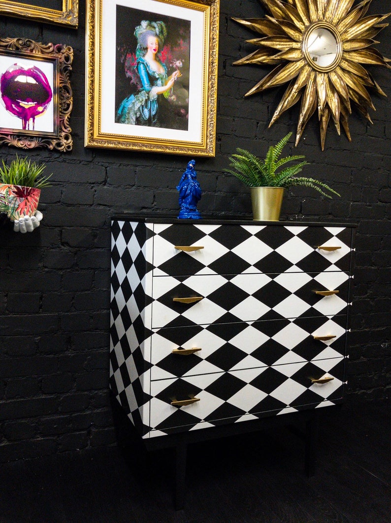Upcycled Vintage Chest Of Drawers Black And White Harlequin Cabinet Etsy