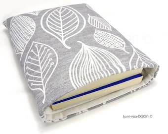 Book cover, book bag, leaf-shaped large leaves, grey and white canvas protective cover, book bag in Scandinavian style, handmade by BuntMixxDESIGN