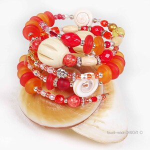 Bracelet wrap bracelet orange natural beige, wooden bead, snail shell, one size memory wire, unique OOAK, by bunt-mixx-DESIGN ©