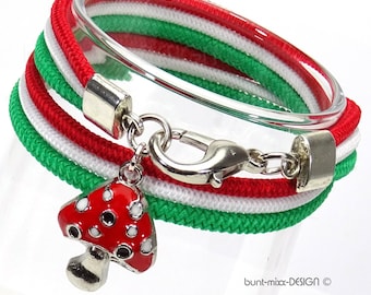 Red enamel mushroom charm bracelet, wrap bracelet, large lobster clasp, mushroom charm, handmade by BuntMixxDESIGN ©
