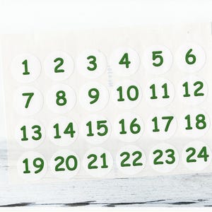 Autocollants chiffres pour calendrier de l&#39;Avent, ronds de 3 cm, blancs et verts, chiffres de 1 à 24, fabriqués par BuntMixxDESIGN